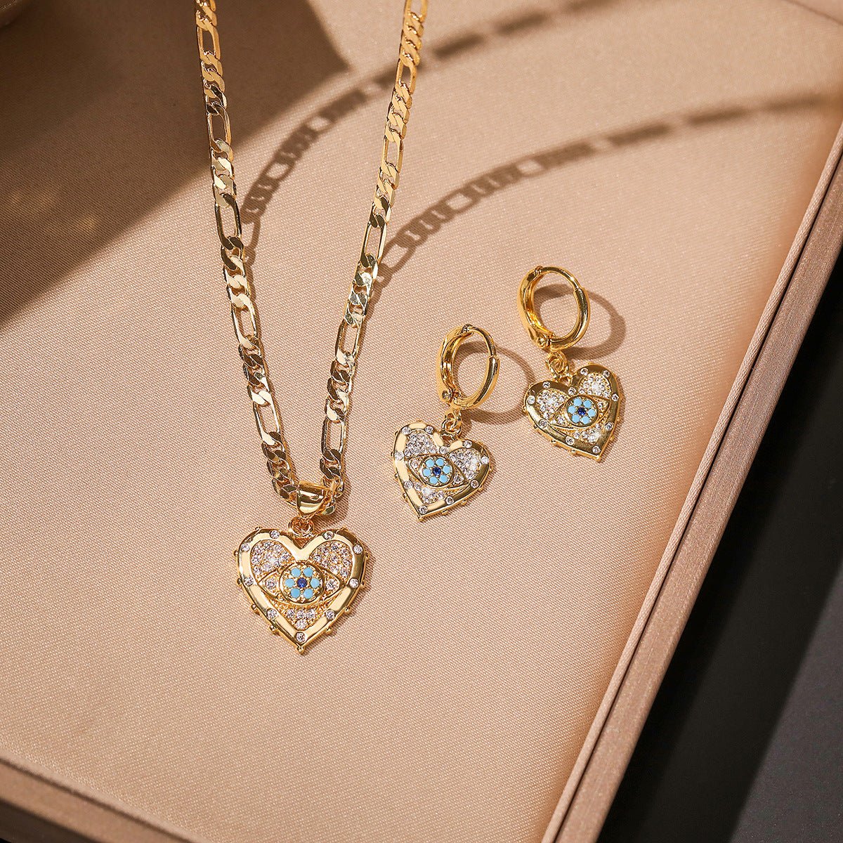 Fashion Jewelry Personality Copper Plated Real Gold Heart - shaped Zircon Pendant Necklace And Earrings Suite - One for All