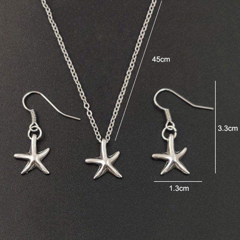 Cute Little Starfish Pendant Necklace Earrings For Women Girls Fashion Silver Sea Star Pentagram Charms Jewelry Set - One for All
