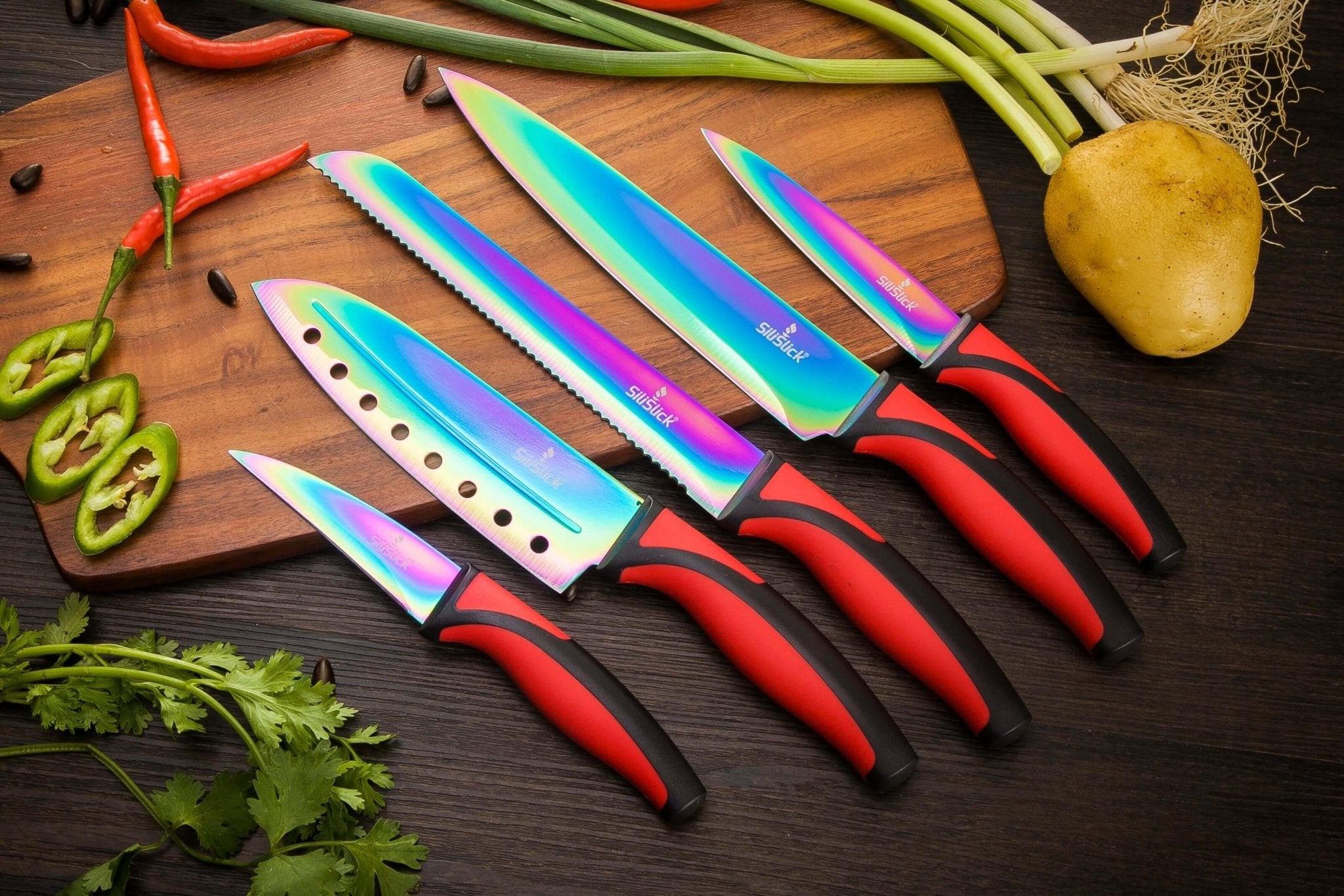 Kitchen Knife Set Kit | Red Handle & Black Magnetic Rack - One for All