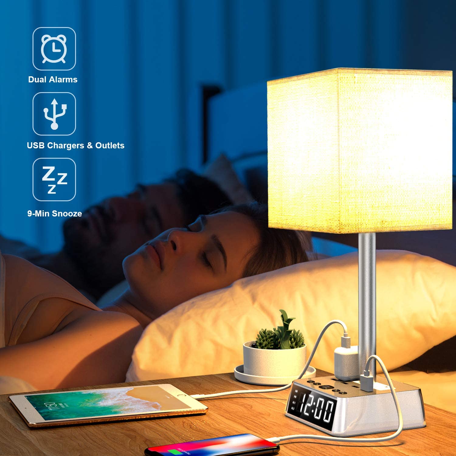 Table Lamp, 4 USB Ports & AC Power Outlets, Alarm Clock - One for All
