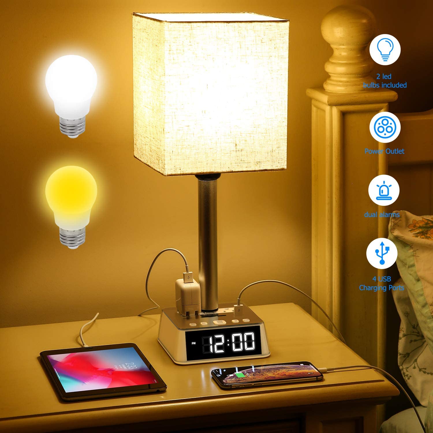 Table Lamp, 4 USB Ports & AC Power Outlets, Alarm Clock - One for All