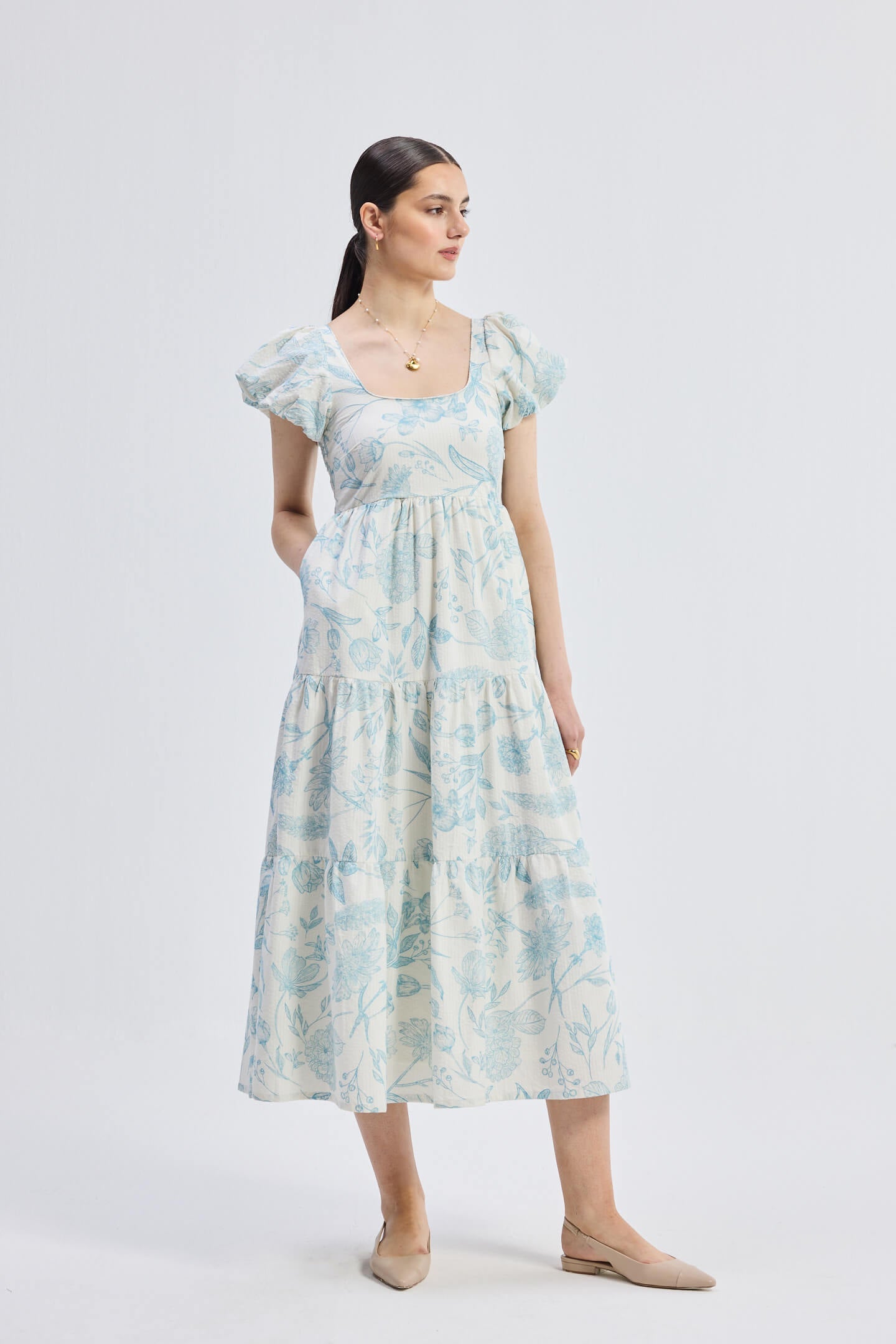 Puff Sleeve Tiered Maxi Dress in Blue Florals - One for All