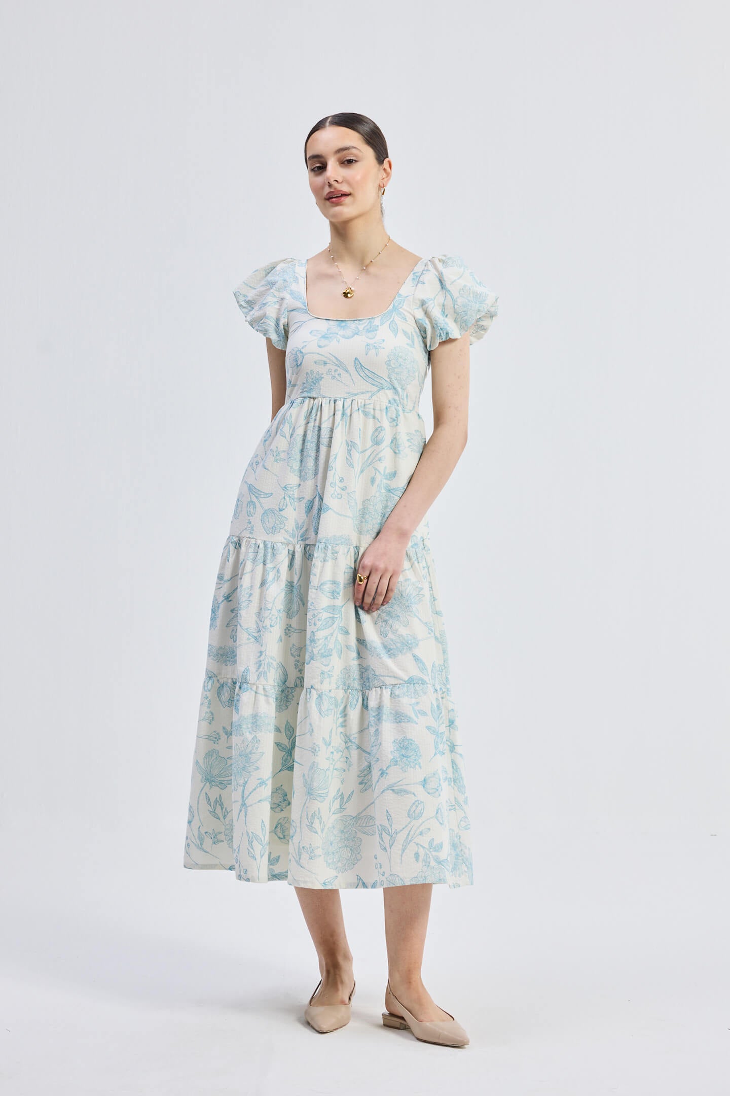Puff Sleeve Tiered Maxi Dress in Blue Florals - One for All