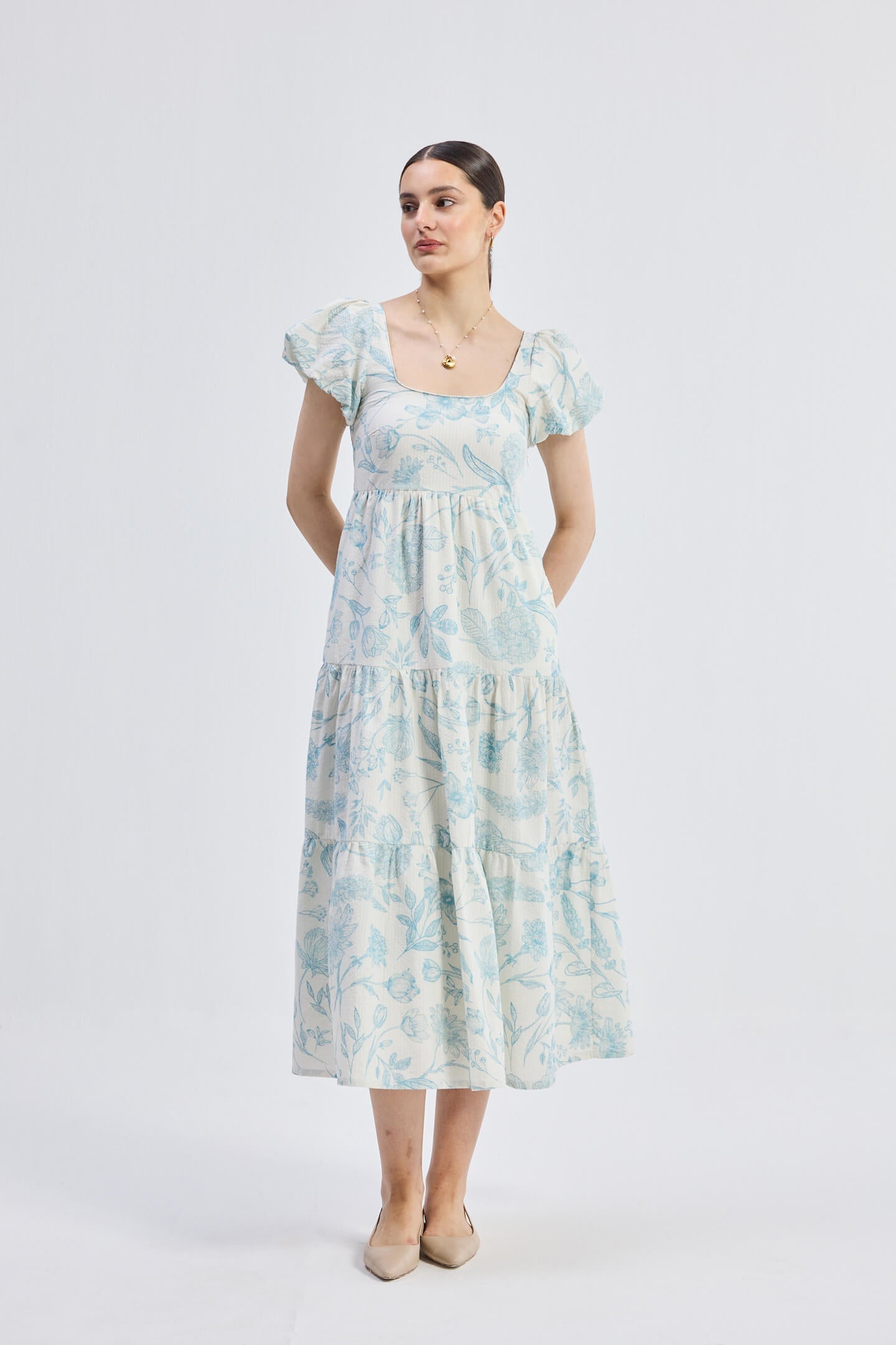 Puff Sleeve Tiered Maxi Dress in Blue Florals - One for All