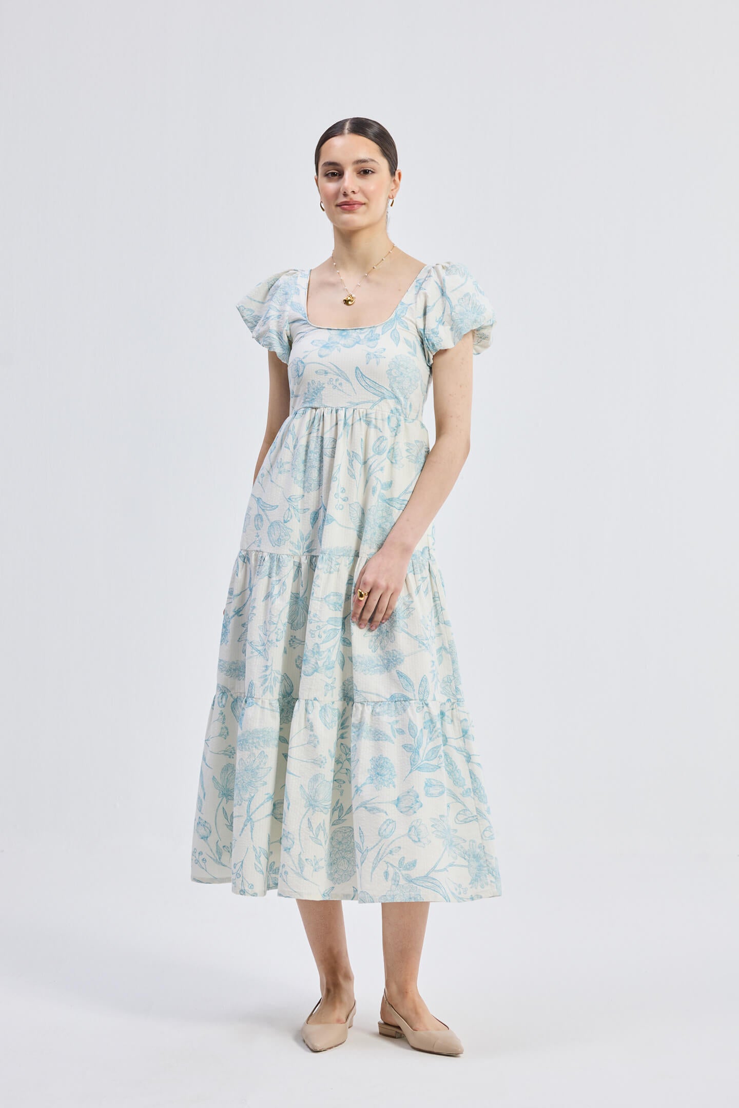 Puff Sleeve Tiered Maxi Dress in Blue Florals - One for All