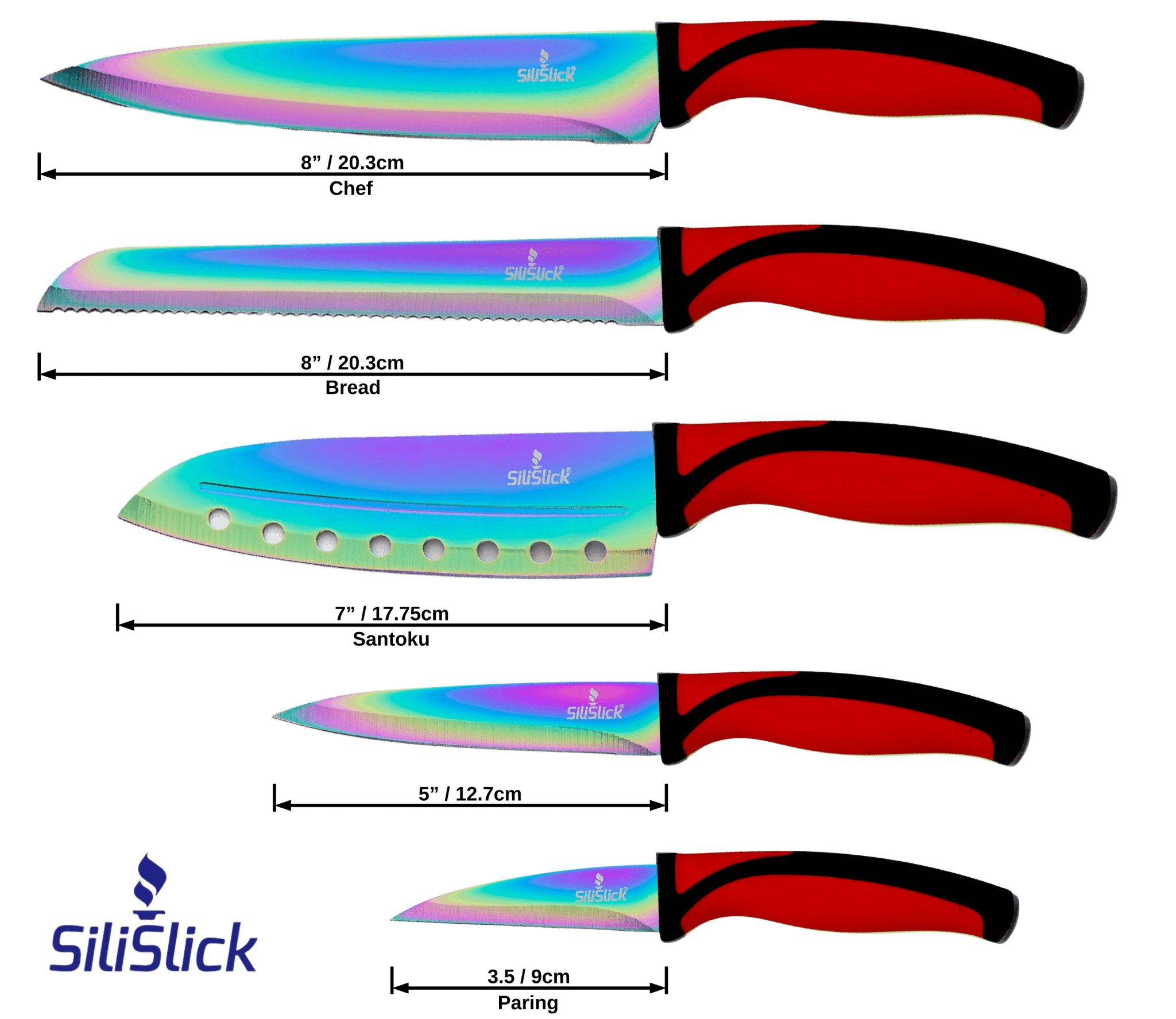 Kitchen Knife Set Kit | Red Handle & Black Magnetic Rack - One for All