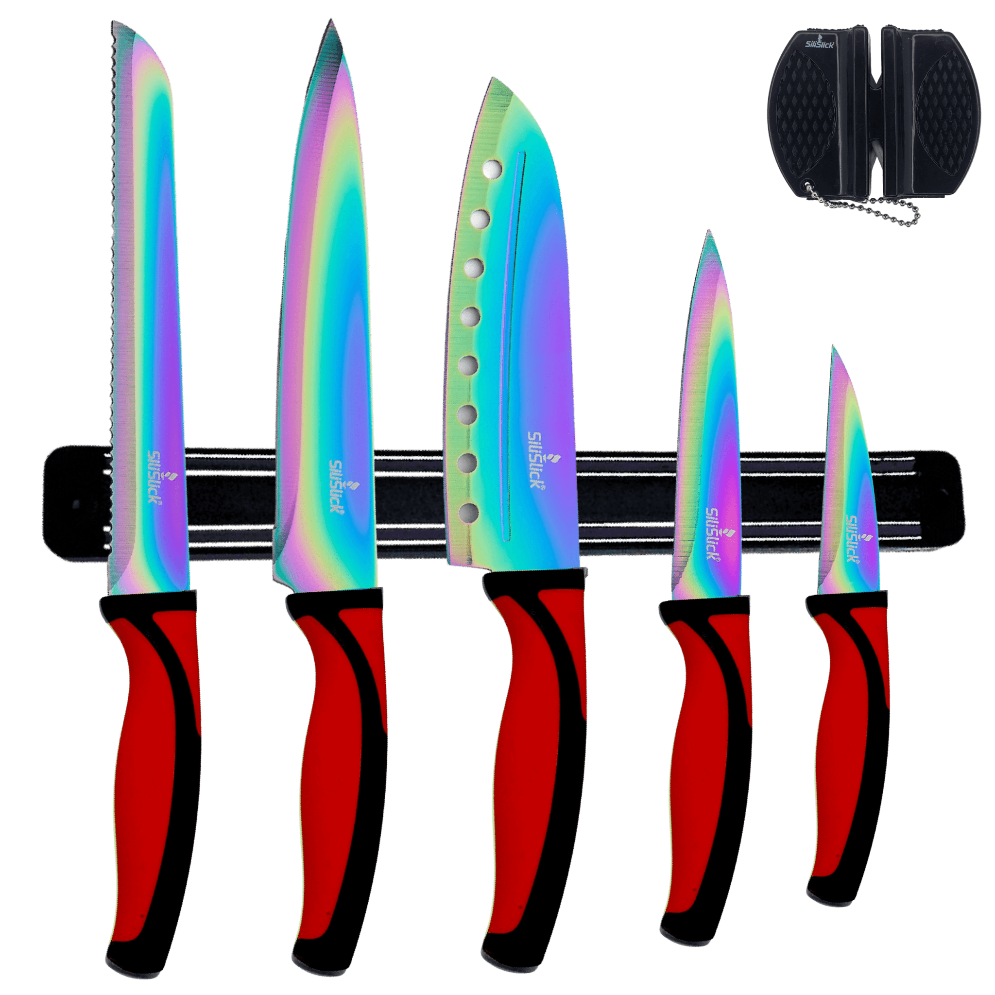 Kitchen Knife Set Kit | Red Handle & Black Magnetic Rack - One for All