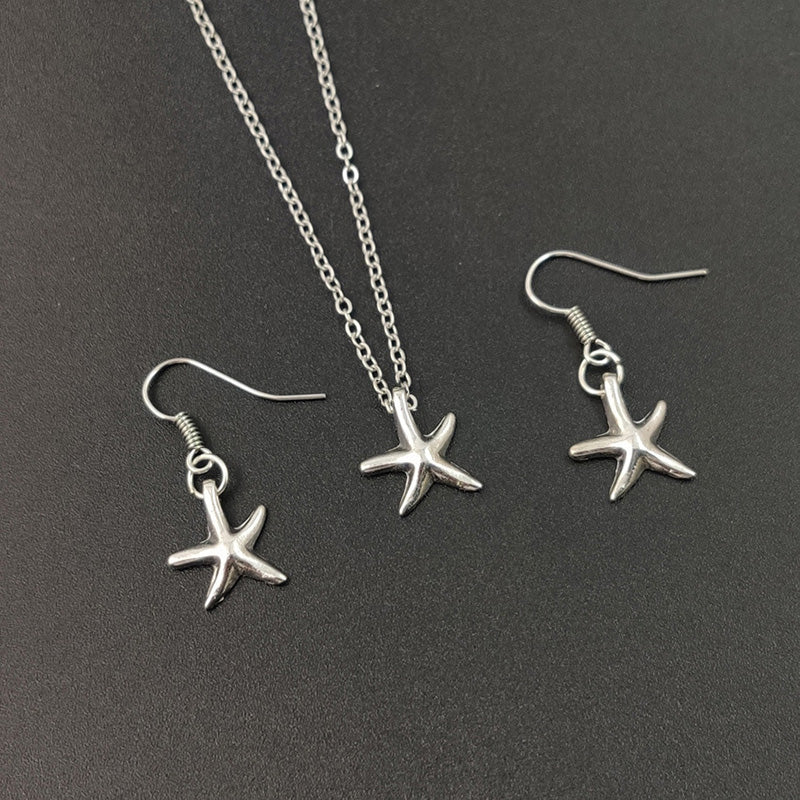 Cute Little Starfish Pendant Necklace Earrings For Women Girls Fashion Silver Sea Star Pentagram Charms Jewelry Set - One for All