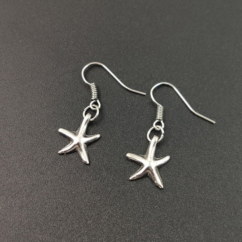 Cute Little Starfish Pendant Necklace Earrings For Women Girls Fashion Silver Sea Star Pentagram Charms Jewelry Set - One for All