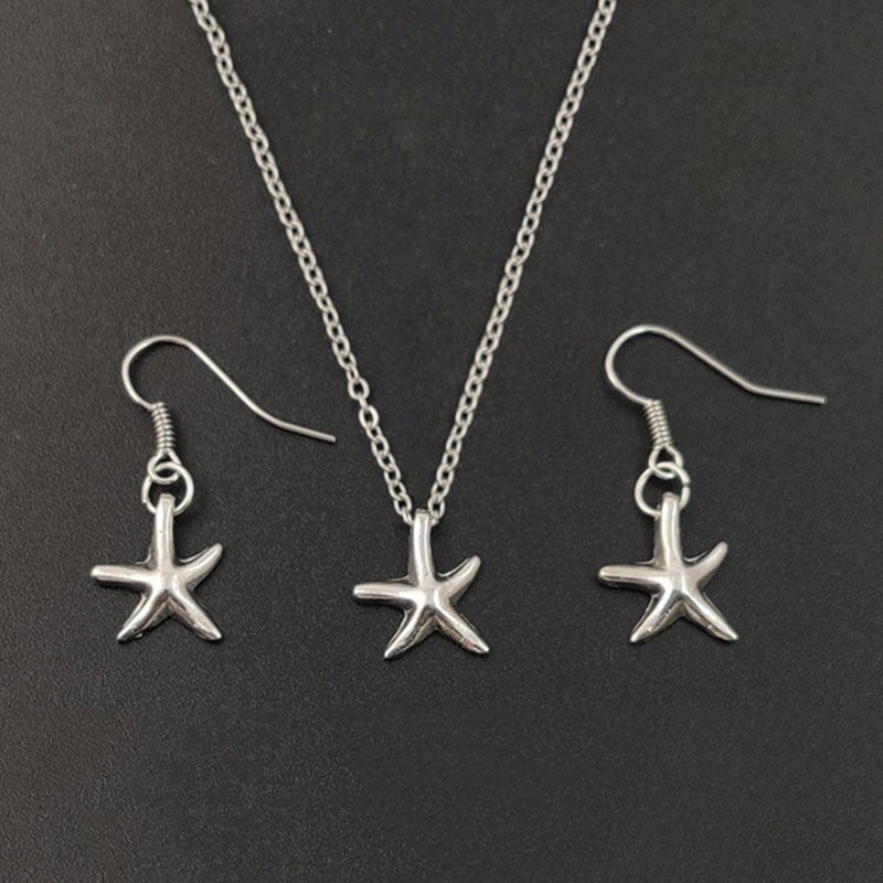 Cute Little Starfish Pendant Necklace Earrings For Women Girls Fashion Silver Sea Star Pentagram Charms Jewelry Set - One for All