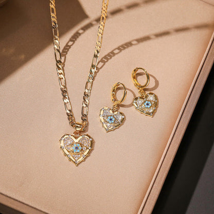 Fashion Jewelry Personality Copper Plated Real Gold Heart - shaped Zircon Pendant Necklace And Earrings Suite - One for All