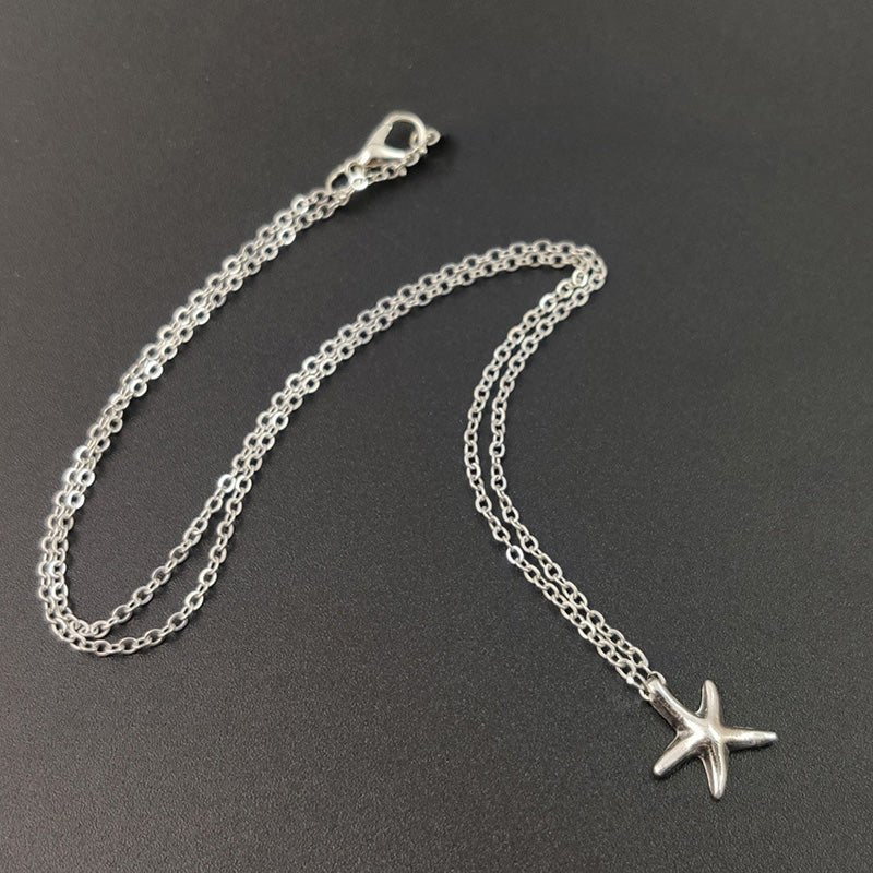 Cute Little Starfish Pendant Necklace Earrings For Women Girls Fashion Silver Sea Star Pentagram Charms Jewelry Set - One for All