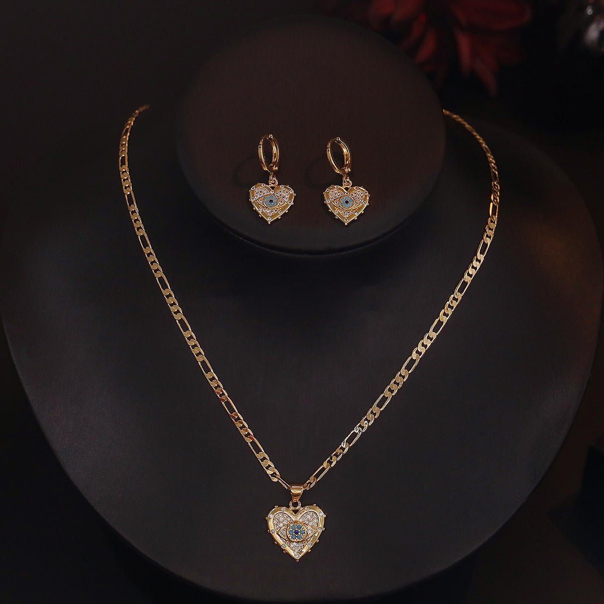 Fashion Jewelry Personality Copper Plated Real Gold Heart - shaped Zircon Pendant Necklace And Earrings Suite - One for All