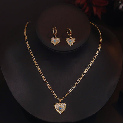 Fashion Jewelry Personality Copper Plated Real Gold Heart - shaped Zircon Pendant Necklace And Earrings Suite - One for All