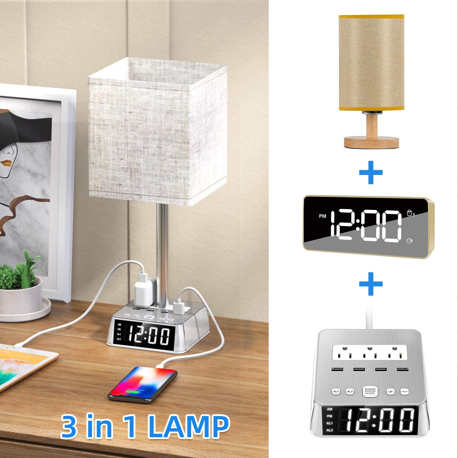 Table Lamp, 4 USB Ports &amp; AC Power Outlets, Alarm Clock - One for All