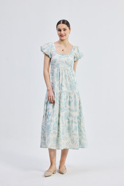 Puff Sleeve Tiered Maxi Dress in Blue Florals - One for All