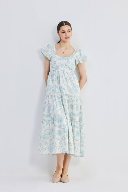 Puff Sleeve Tiered Maxi Dress in Blue Florals - One for All