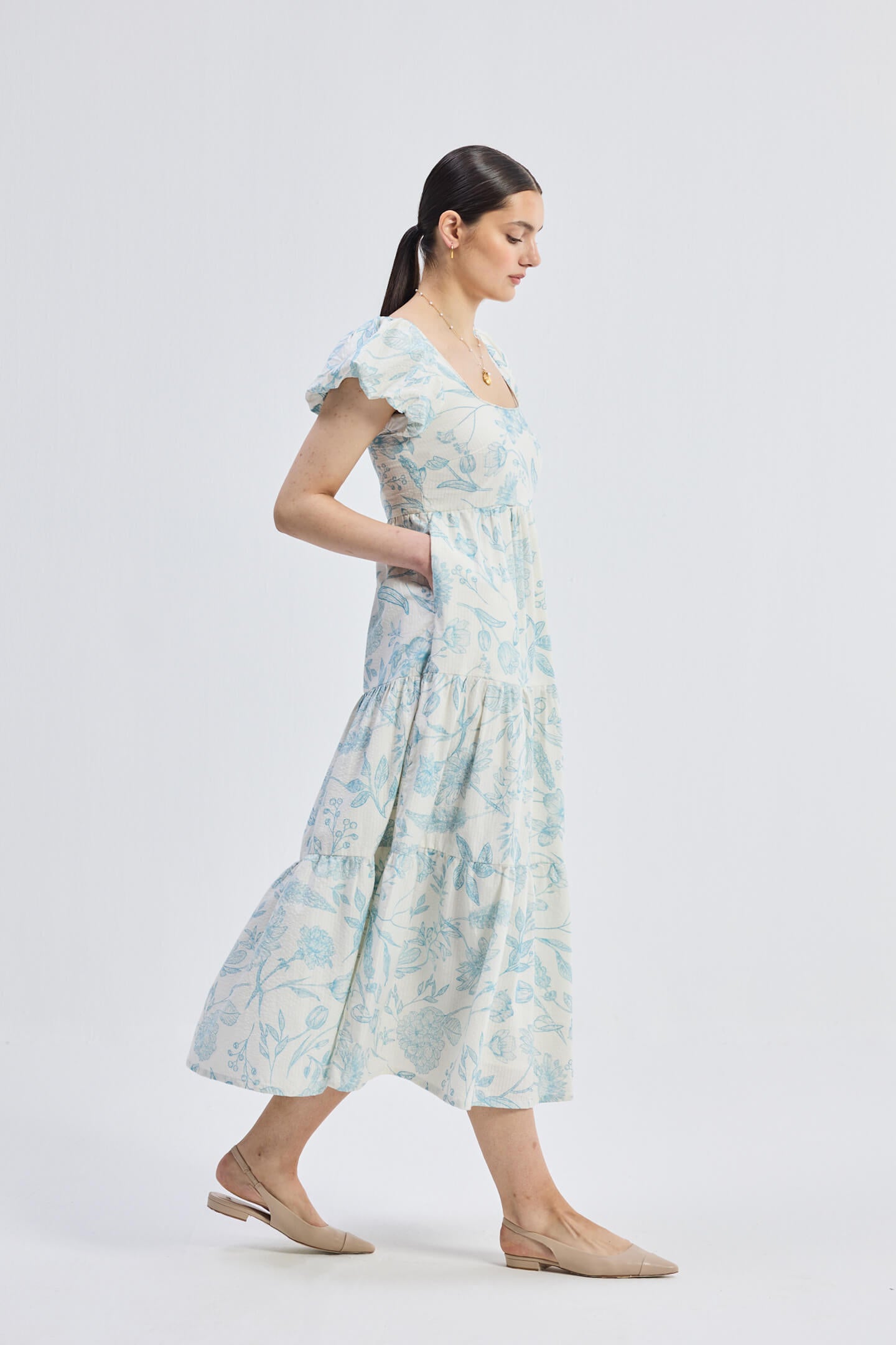 Puff Sleeve Tiered Maxi Dress in Blue Florals - One for All