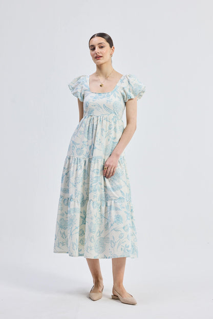 Puff Sleeve Tiered Maxi Dress in Blue Florals - One for All
