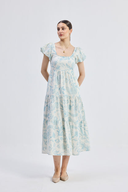 Puff Sleeve Tiered Maxi Dress in Blue Florals - One for All