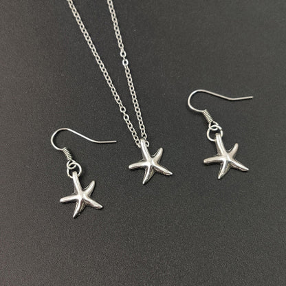Cute Little Starfish Pendant Necklace Earrings For Women Girls Fashion Silver Sea Star Pentagram Charms Jewelry Set - One for All