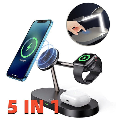 Multifunctional Five - In - One Magnetic Wireless Charging Watch Headset Desktop Mobile Phone Holder Charger 15W Fast Charge - One for All